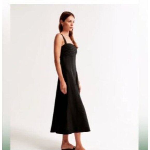 Abercrombie & Fitch Emerson Fit & Flare Midi Dress Black Linen Size Large - Picture 1 of 9